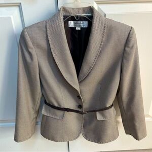 Tahari ASK Brown Off White Small Houndstooth Belted 3/4 Sleeve Blazer Jacket